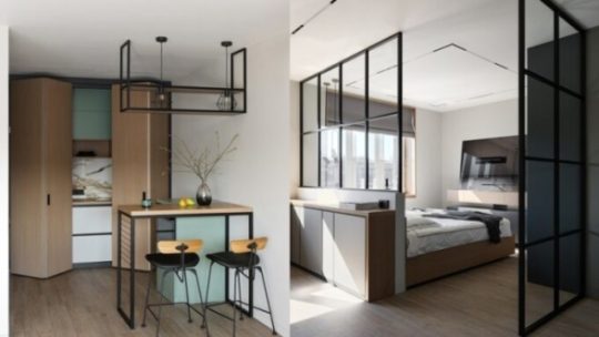 Кухня в шкафу и спальня за стеклом: квартира 43 кв. м, которая кажется в два раза больше